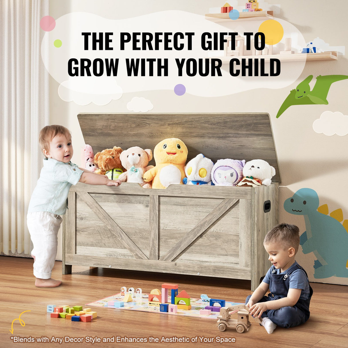Gray wooden kids toy box storage bench chest - view 6