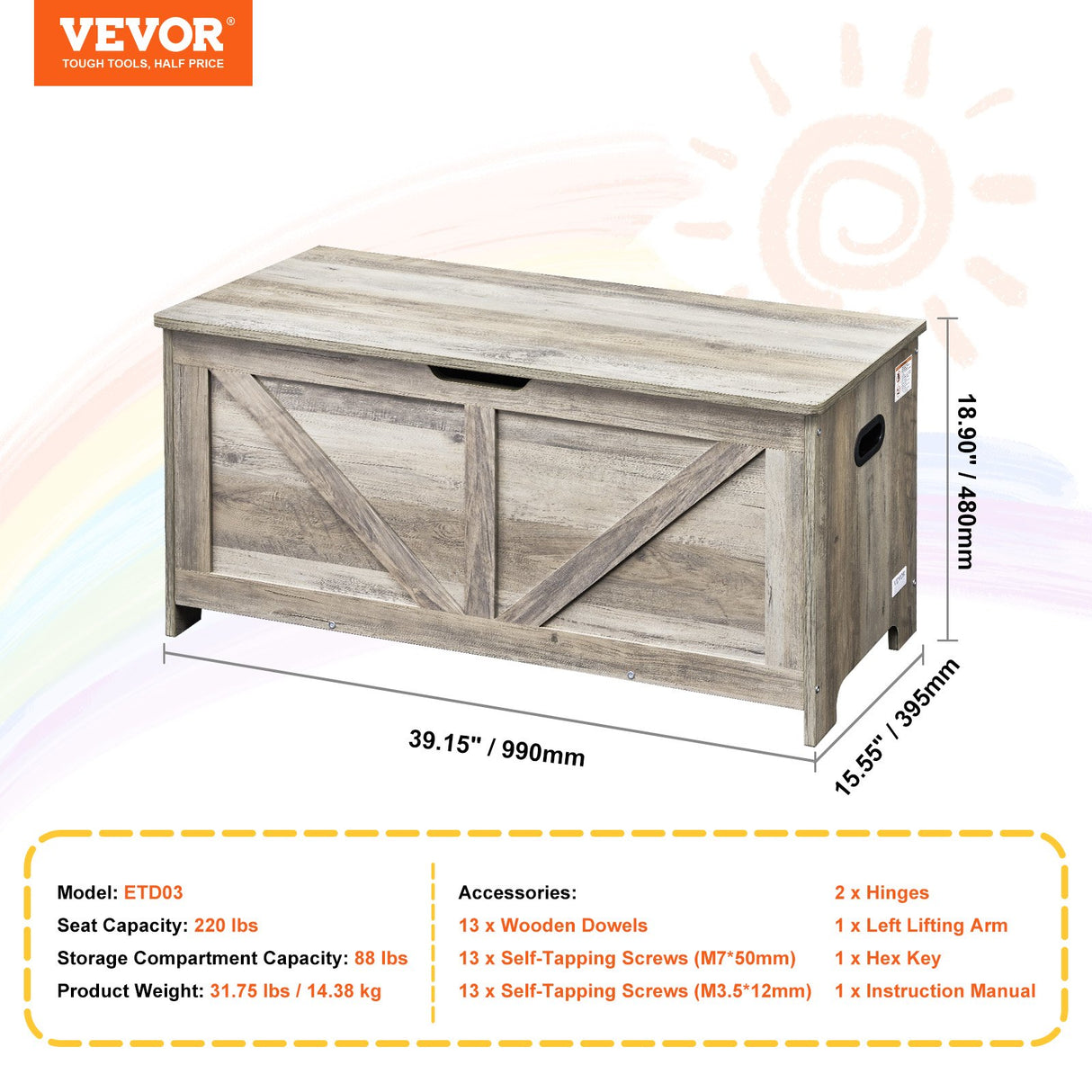 Gray wooden kids toy box storage bench chest - view 7