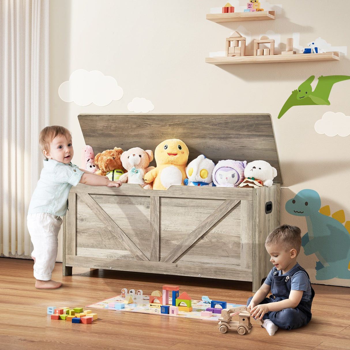 Gray wooden kids toy box storage bench chest - view 8