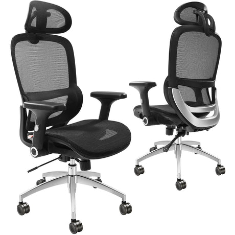 Wongan Hills mesh office chair with high back, lumbar and head support at a desk