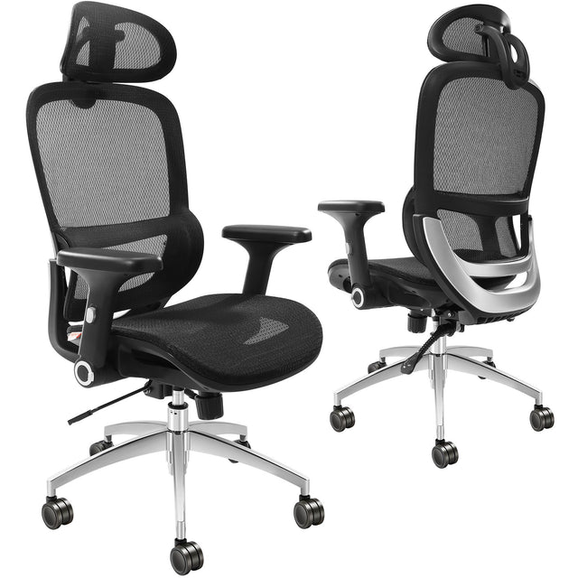 Wongan Hills mesh office chair with high back, lumbar and head support at a desk