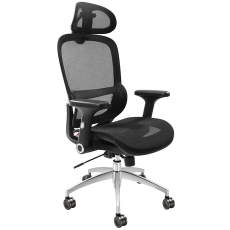 Wongan Hills mesh office chair with high back, lumbar and head support at a desk