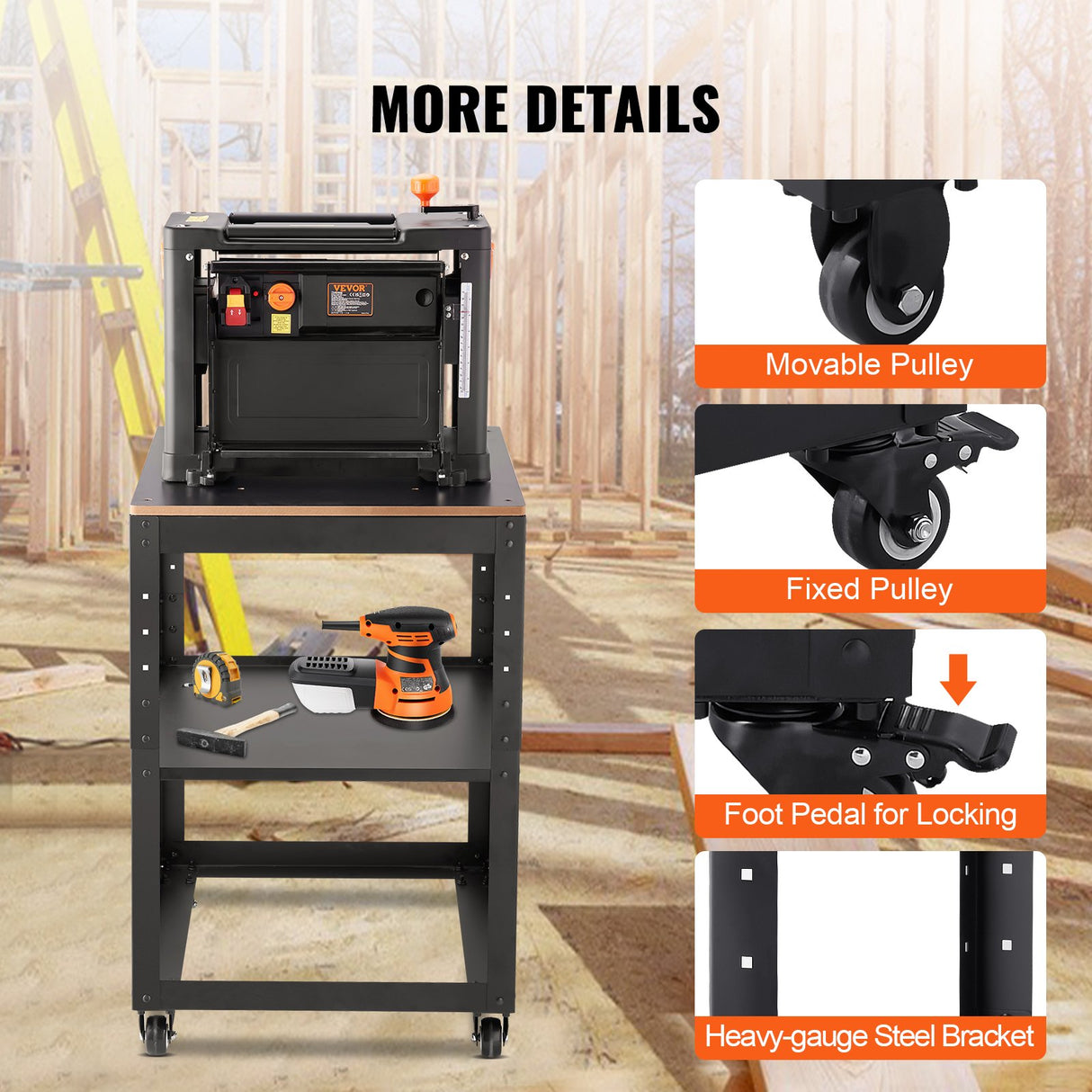 Rolling planer stand with storage shelf and casters