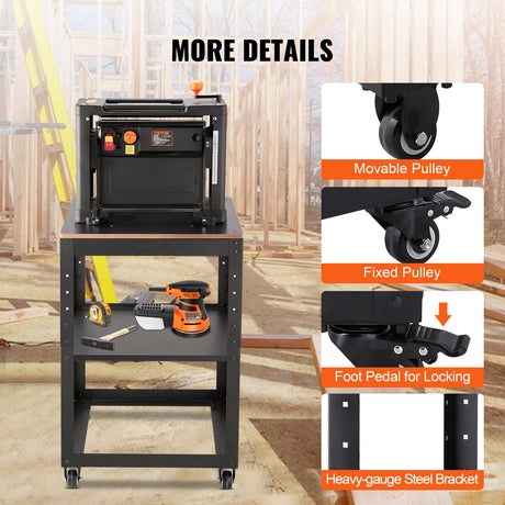 Rolling planer stand with storage shelf and casters