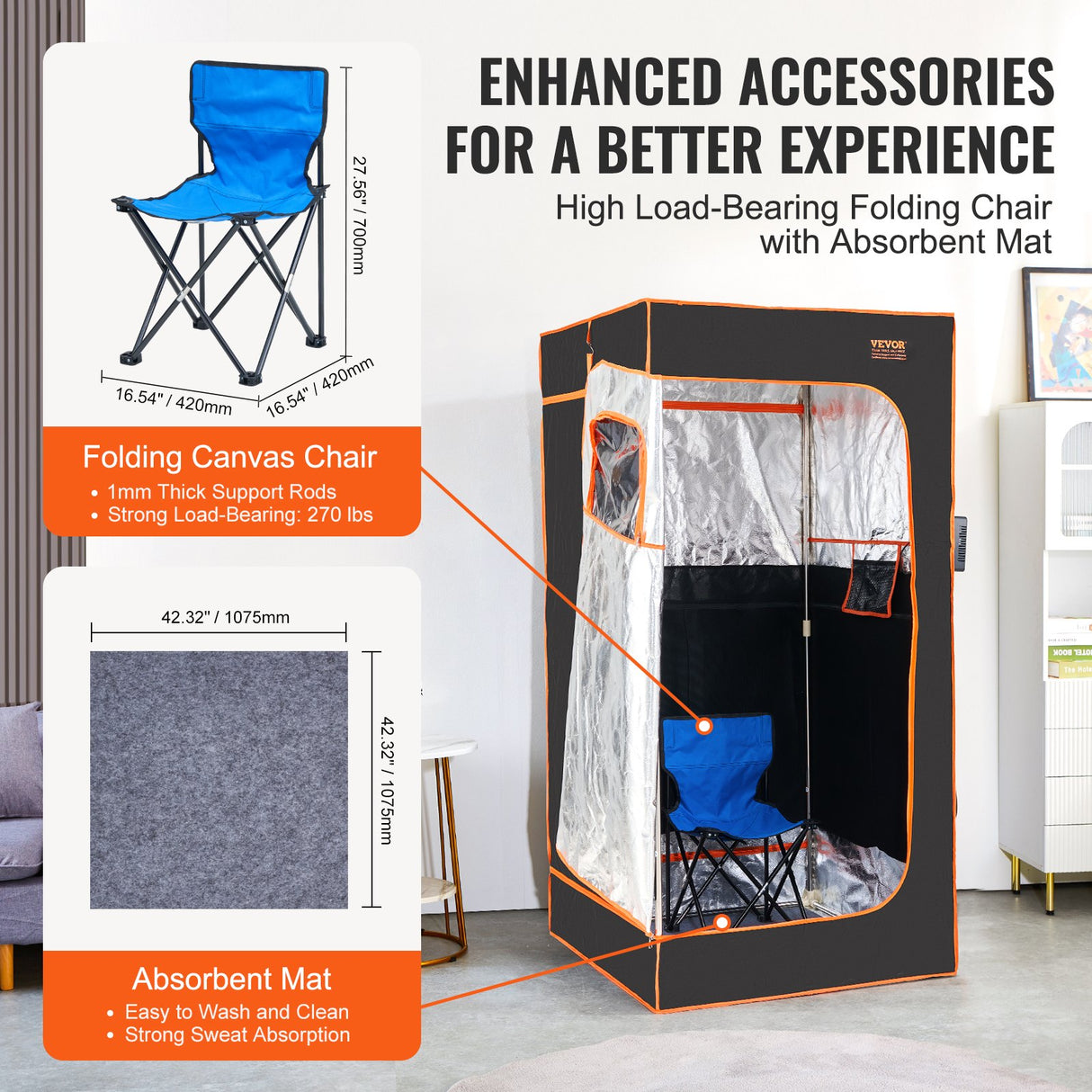 Portable far infrared sauna tent, 1400W with foldable chair