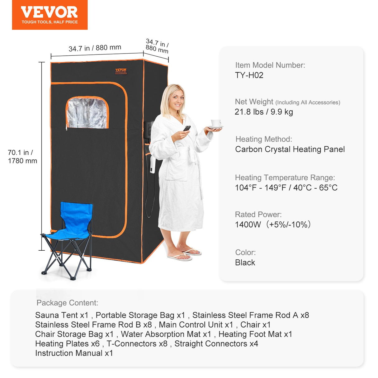 Portable far infrared sauna tent, 1400W with foldable chair
