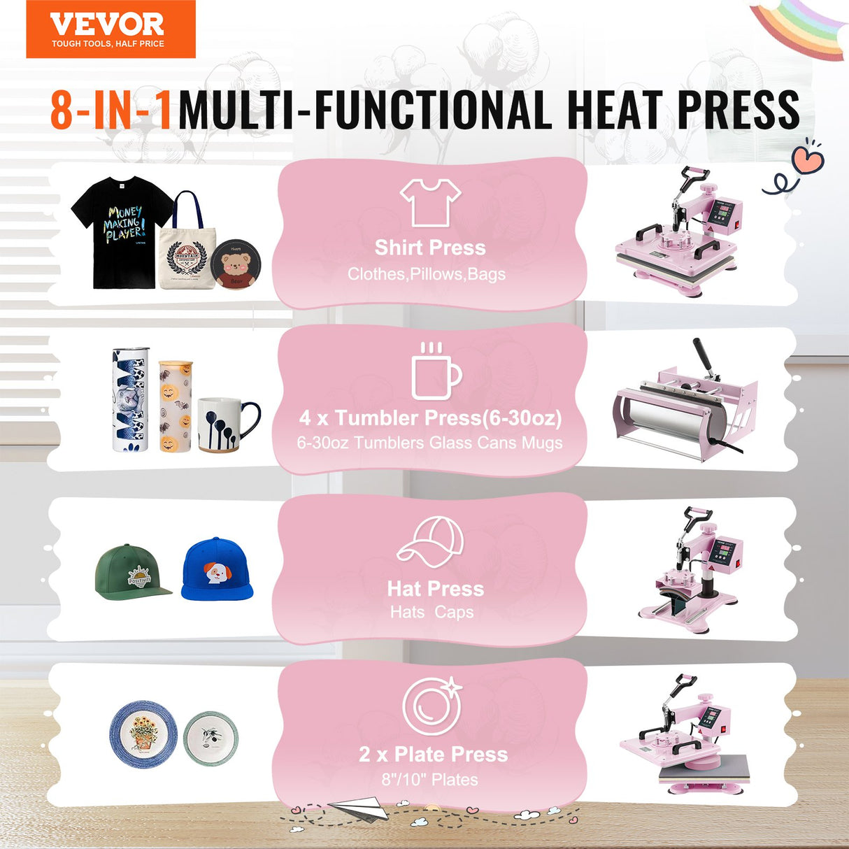 Four tumbler press attachments in 6 oz, 12 oz, 17 oz and 30 oz