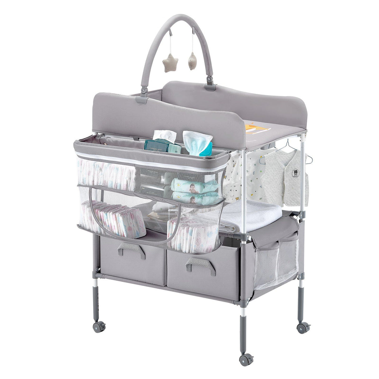 Baby Change Table with Storage Drawers and Wheels, Light Grey - view 1