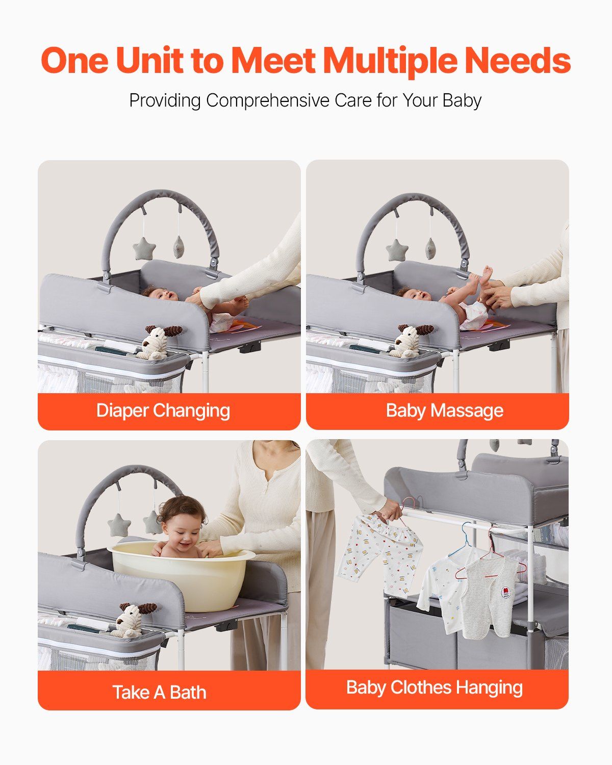 Baby Change Table with Storage Drawers and Wheels, Light Grey - view 6