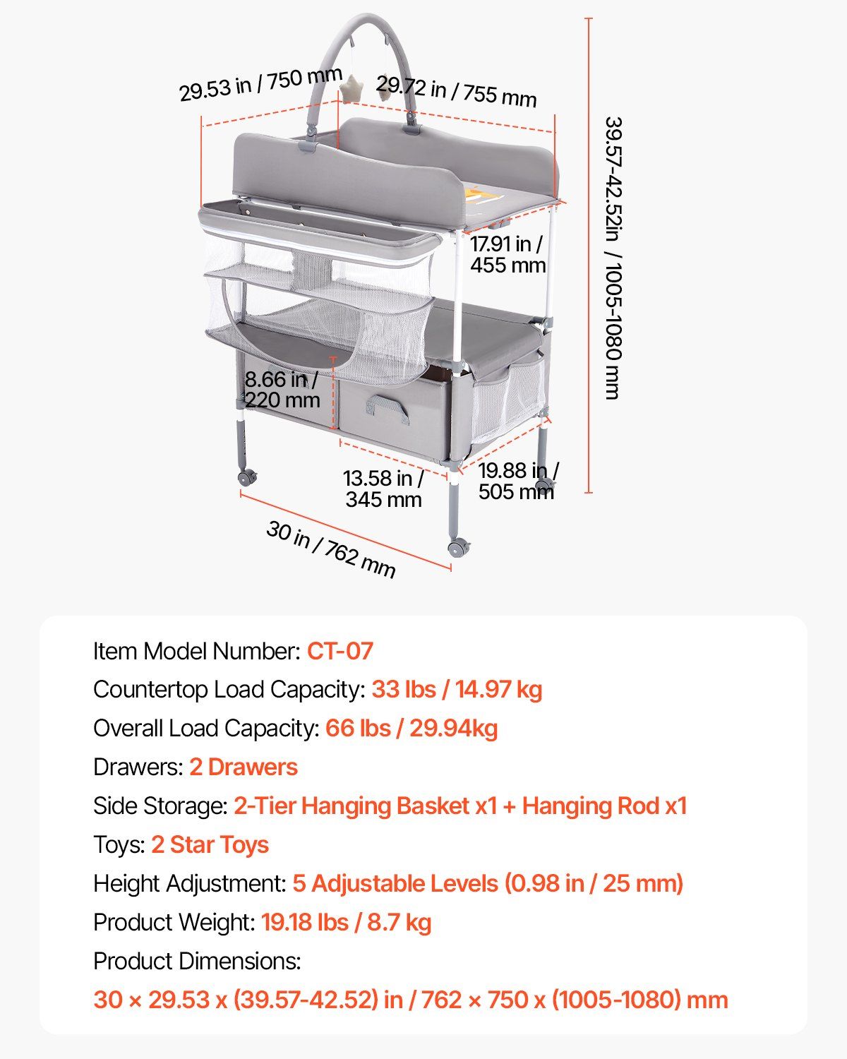 Baby Change Table with Storage Drawers and Wheels, Light Grey - view 7