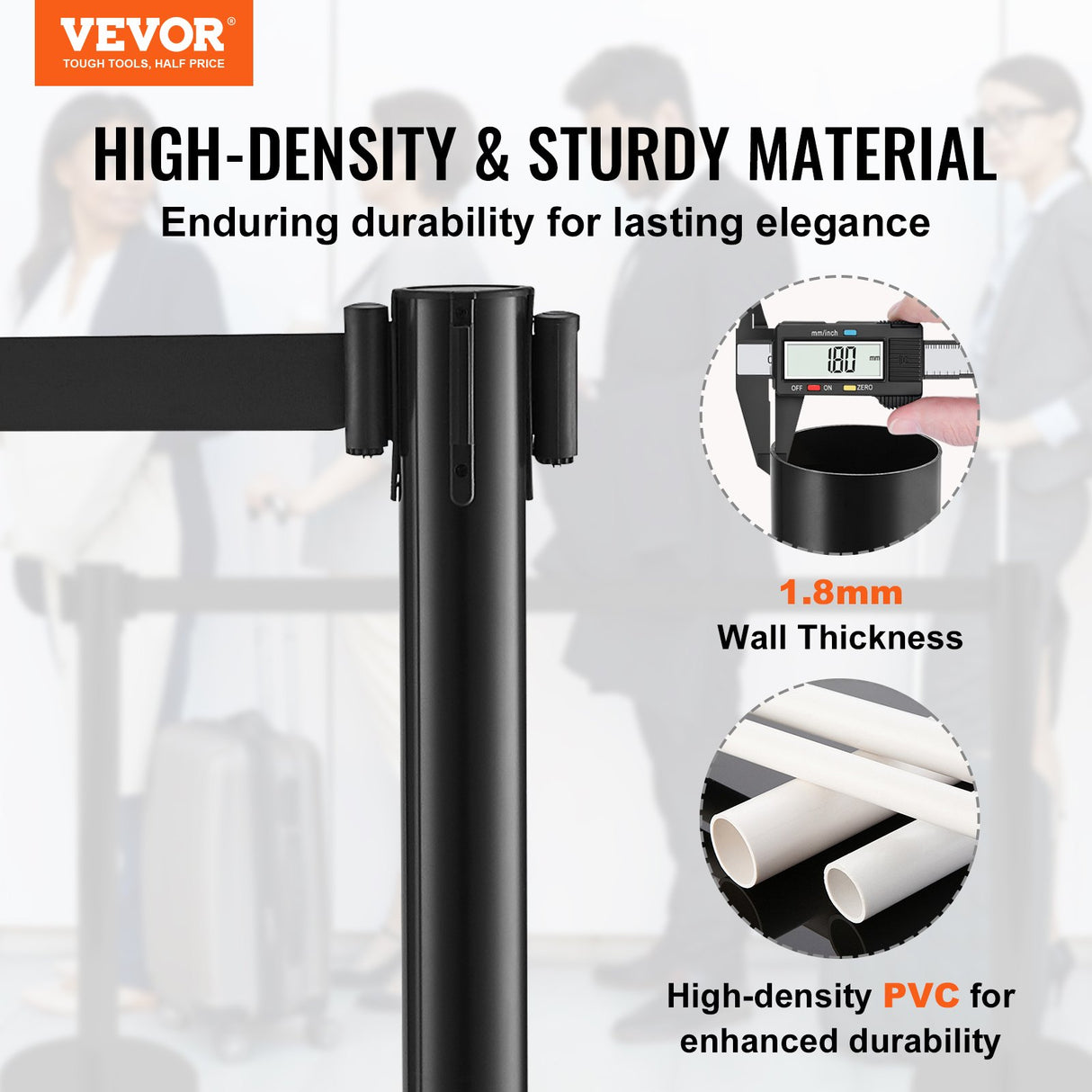 Black plastic stanchion post with retractable belt