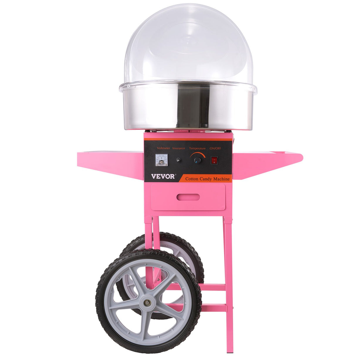 Commercial cotton candy machine on a rolling cart with clear cover over the spinning bowl