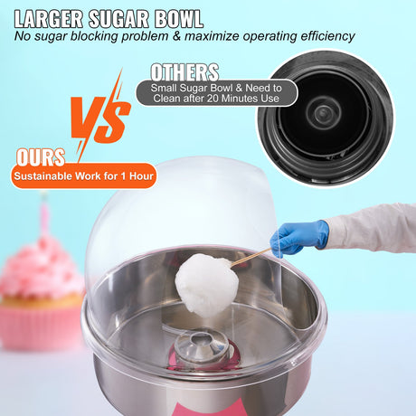 Stainless steel cotton candy machine head and bowl viewed from above