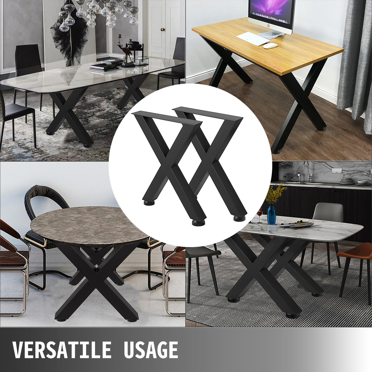 Black steel X frame heavy duty dining table legs set of two
