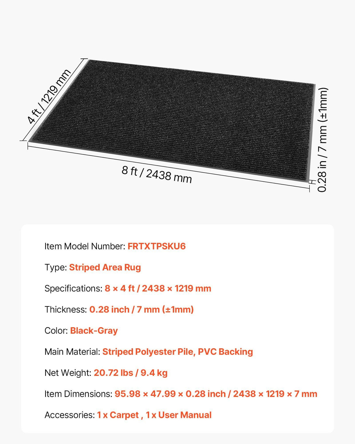 Commercial Striped Floor Mat, Grey 2438x1219mm
