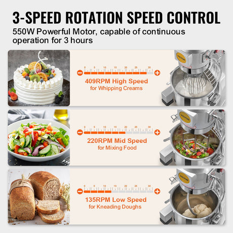 Front view of the 550 W commercial stand mixer with speed and timer controls