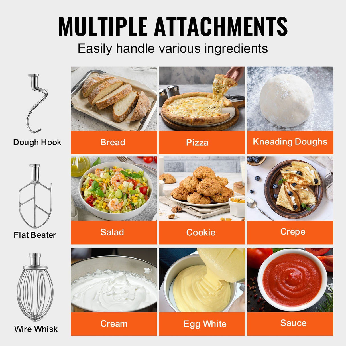 Dough hook, flat beater and wire whisk attachments for the commercial mixer