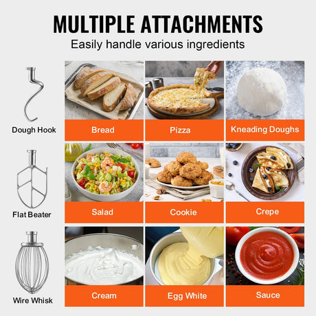Dough hook, flat beater and wire whisk attachments for the commercial mixer
