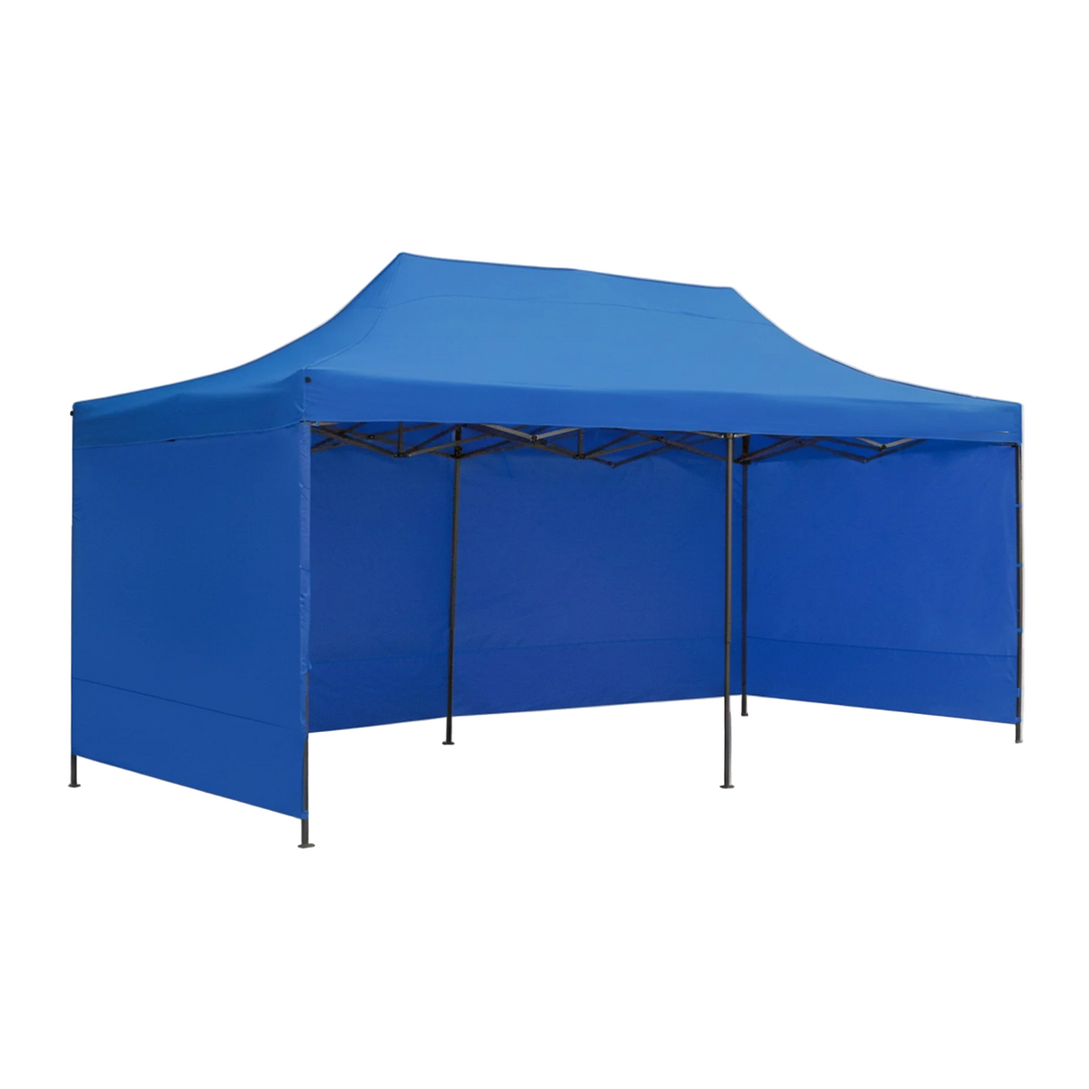 Blue 3 x 6 m portable gazebo with sidewalls fitted, set up on grass