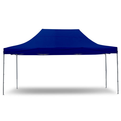 Blue 3 x 4.5 m portable gazebo with open sides set up outdoors, front view