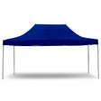Blue 3 x 4.5 m portable gazebo with sidewalls set up on grass, front view
