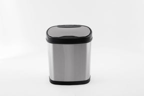 Nelson silver and black stainless steel 12L automatic sensor bin on a kitchen floor