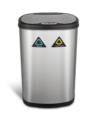 Nelson silver and black stainless steel 50L touchless dual compartment sensor bin in a kitchen