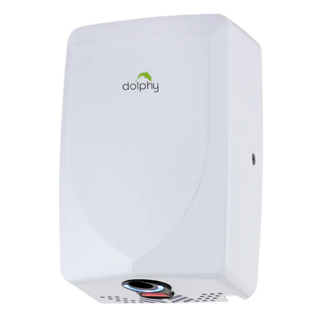 Compact matte white ABS hand dryer mounted on a washroom wall