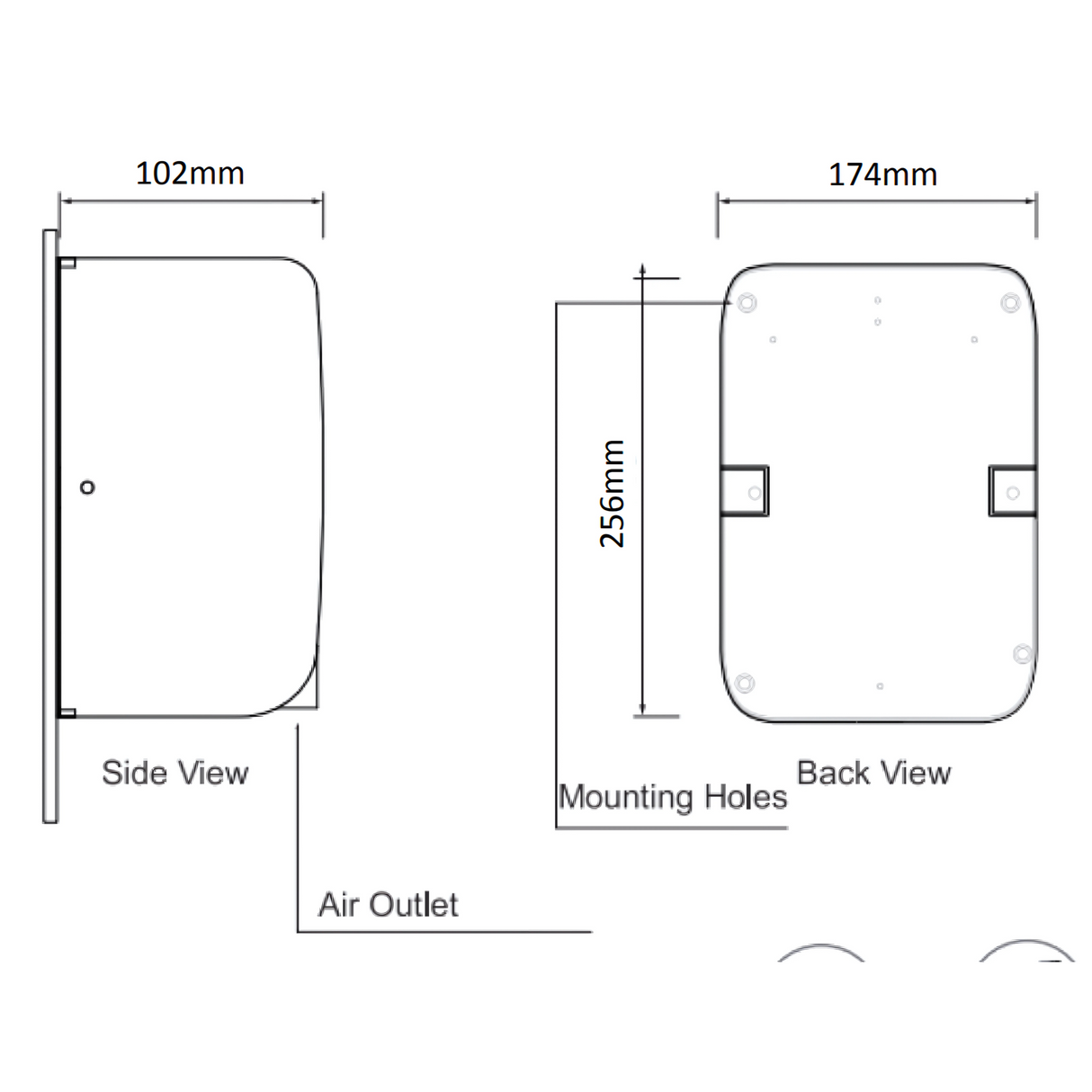 Side profile of the compact hand dryer showing the 102 mm depth
