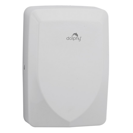 Infrared sensor and air outlet detail on the white hand dryer