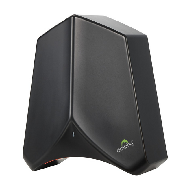 Black wall mounted hand dryer with infrared sensor, front view