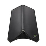 Matte black hand dryer shown at an angle on a washroom wall