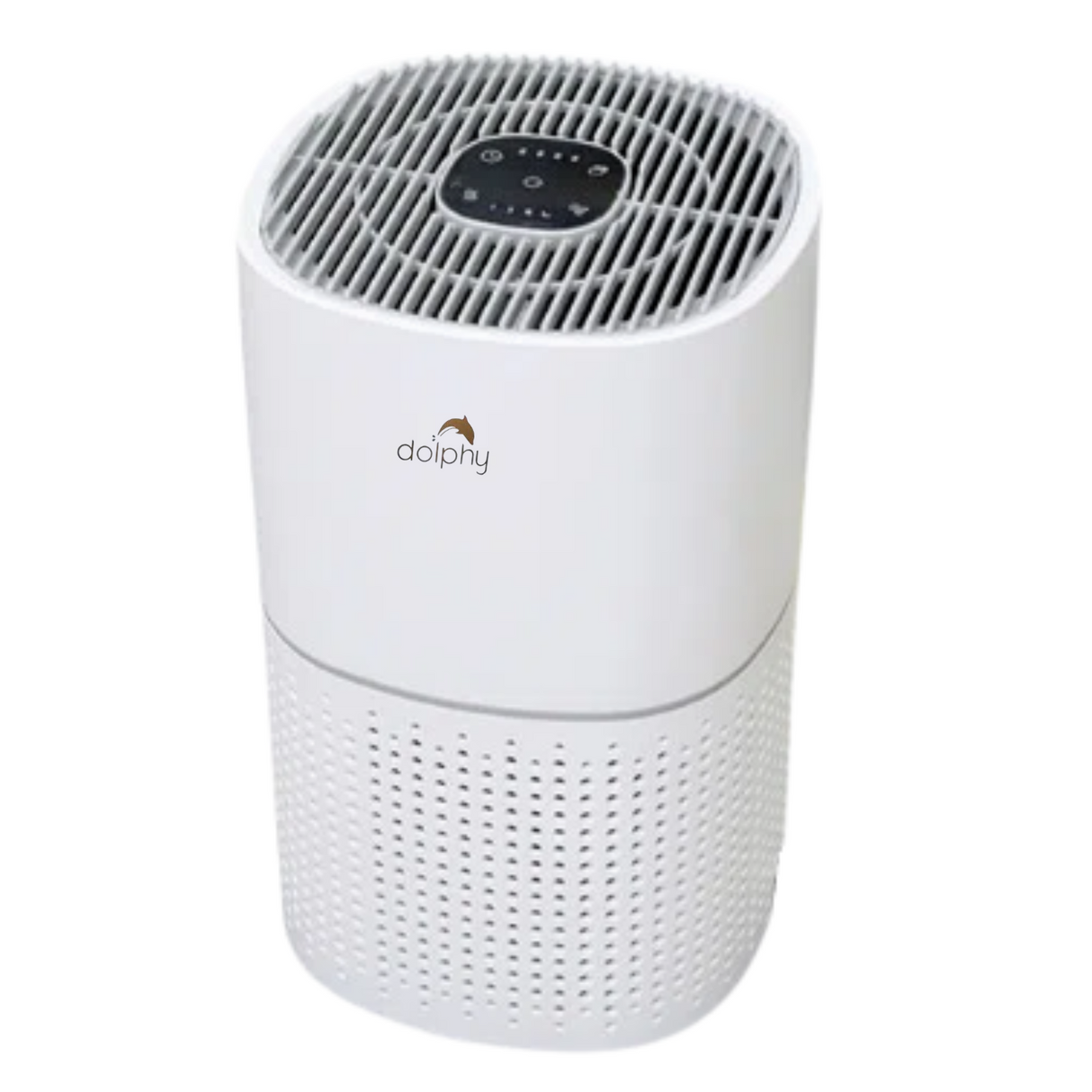 White desktop air purifier with touch control panel and four stage HEPA filtration