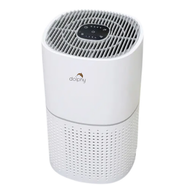 White desktop air purifier with touch control panel and four stage HEPA filtration