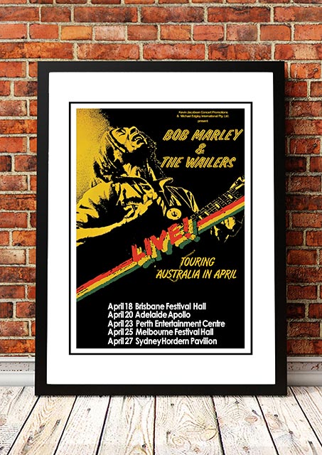 Framed A1 print of Bob Marley 1979 Australian tour poster artwork in warm reggae era colours
