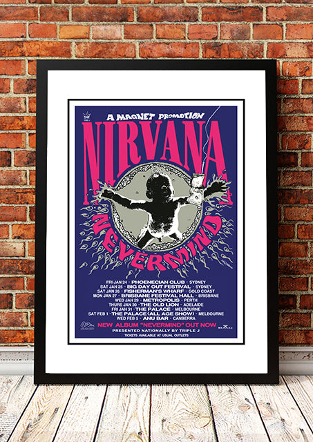 Framed A1 reproduction print of the Nirvana Nevermind 1992 Australian tour poster artwork