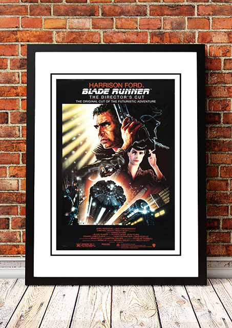Framed A3 print of Blade Runner cult movie poster artwork with neon lit noir cityscape