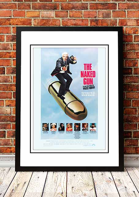 Framed A3 reproduction print of The Naked Gun cult comedy movie poster artwork with Leslie Nielsen