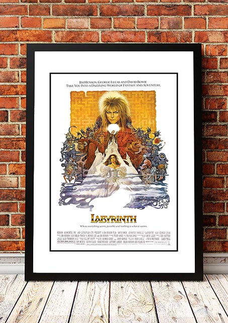 Framed A3 movie poster print of Labyrinth artwork featuring the Goblin King in an illustrated fantasy scene