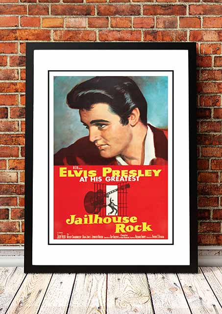 Framed A3 print of the Elvis Presley Jailhouse Rock movie poster artwork with bold graphic lettering