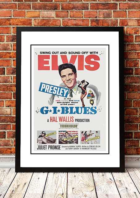 Framed A3 reproduction print of the Elvis G.I. Blues movie poster artwork, ready to hang wall art