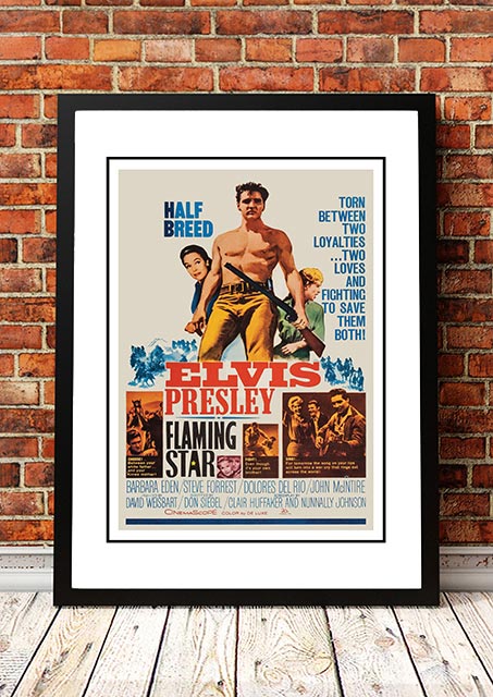 Framed A3 reproduction print of the Elvis Flaming Star Western movie poster artwork, ready to hang wall art