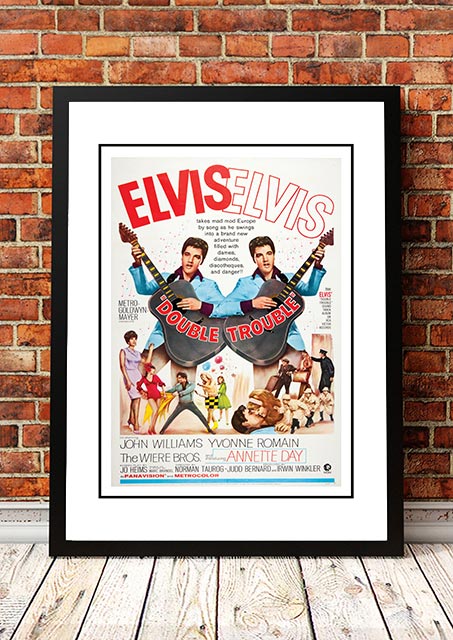 Framed A3 reproduction print of the Elvis Double Trouble movie poster artwork, ready to hang wall art