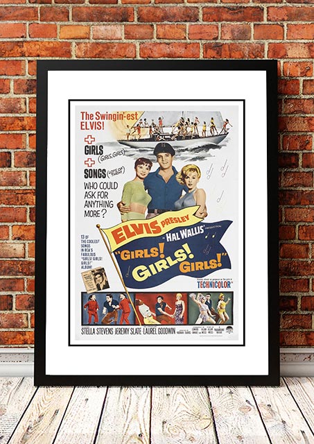 Framed A3 print of the Elvis Presley Girls Girls Girls movie poster artwork in bright retro 1960s colours