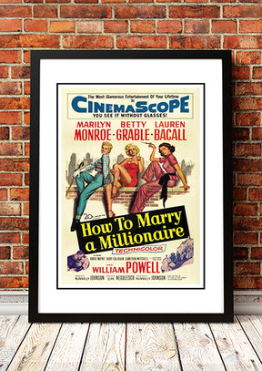 Framed A3 reproduction print of the How to Marry a Millionaire movie poster with Marilyn Monroe