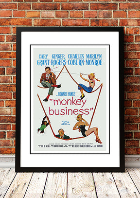 Framed A3 reproduction print of the Monkey Business movie poster with Marilyn Monroe and Cary Grant