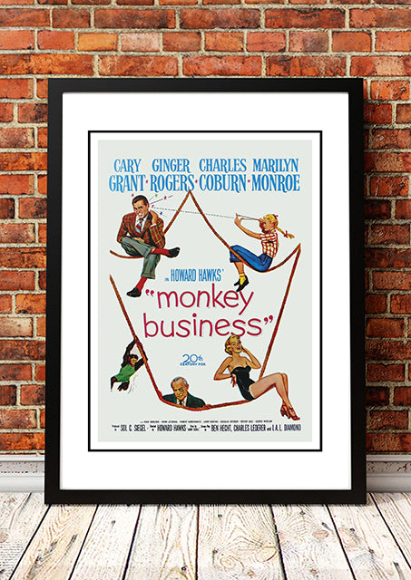 Framed A3 reproduction print of the Monkey Business movie poster with Marilyn Monroe and Cary Grant