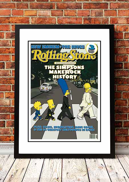 Framed A3 print of the 2002 Rolling Stone cover showing The Simpsons in an Abbey Road crossing parody