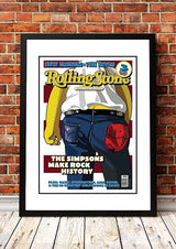 Framed A3 print of the Rolling Stone cover artwork showing Homer Simpson posed in denim against a stars and stripes backdrop