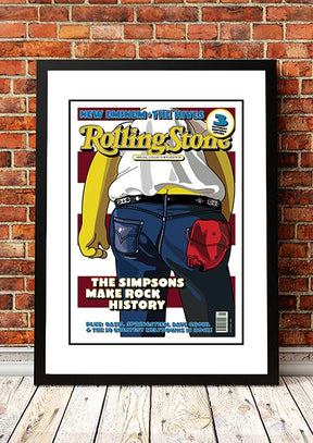 Framed A3 print of the Rolling Stone cover artwork showing Homer Simpson posed in denim against a stars and stripes backdrop